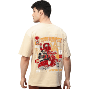 Scooterpool Beige Printed Pure Cotton Round Neck Drop shoulder Baggy Fit Oversized Tshirt Unisex