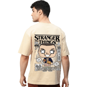 Stranger Things Beige Graphic Printed Pure Cotton Round Neck Drop shoulder Baggy Fit Oversized Tshirt Unisex