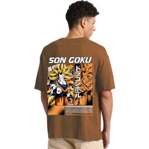 Printsflix Trendy Son Goku Anime Printed Pure Cotton Round Neck Drop shoulder Baggy Fit Brown Oversized Tshirt -Unisex