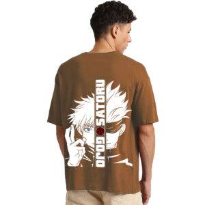 Printsflix Trendy Gojo Satoru Printed Anime Pure Cotton Round Neck Drop Shoulder Baggy Fit Brown Oversized Tshirt -Men/Women/kids/Adults
